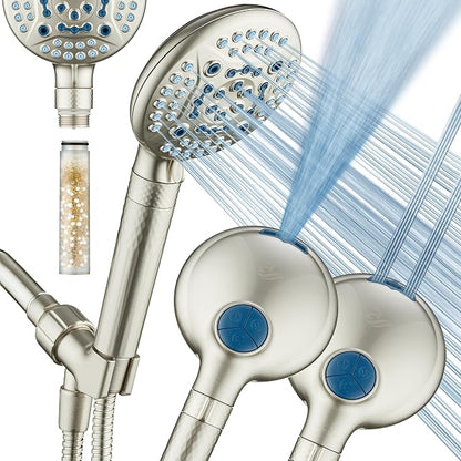 AquaCare 4X 10-Mode High Pressure Hand Shower w/Filter & 2-mode Power Wash | Filters Chlorine & Toxins, Softens Hard Water for Healthy Skin & Hair. Handheld Power Head Cleans Tub, Tile & Pets / Nickel