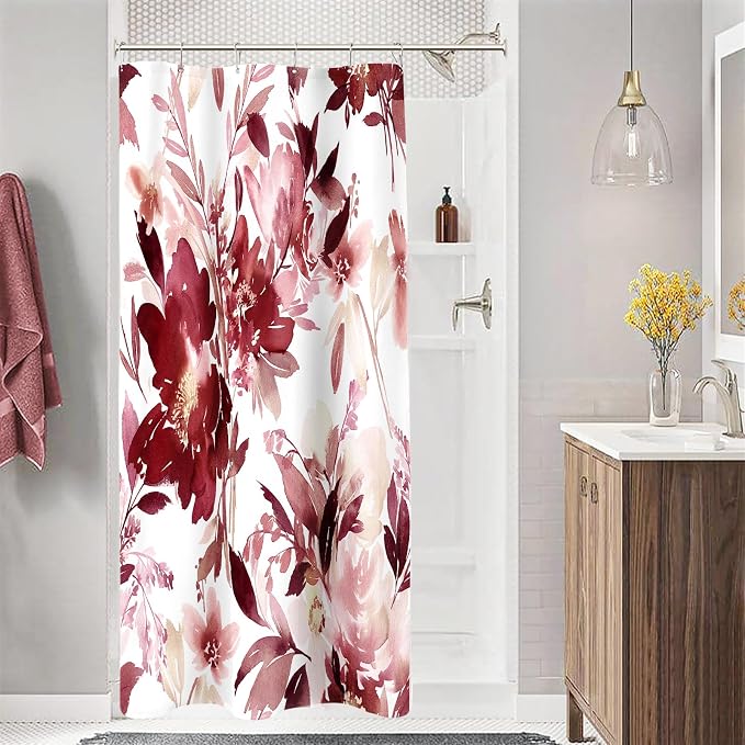 Small Stall Shower Curtain 36x72 Inch Half Narrow Watercolor Floral Decor | Burgundy Red Modern Abstract Flower Dorm Bathroom Shower Curtain Set with Hooks