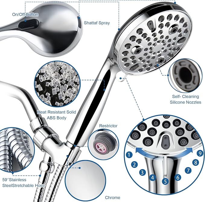 Shower Head with Handheld,High Pressure 10 Spray Modes Showerhead,Chrome | 4.7”Detachable Showerhead Set with 5ft Hose, Adjustable Bracket and Built-in Power Wash to Clean Tub, Tile & Pets - Chrome