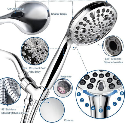 Shower Head with Handheld,High Pressure 10 Spray Modes Showerhead,Chrome | 4.7”Detachable Showerhead Set with 5ft Hose, Adjustable Bracket and Built-in Power Wash to Clean Tub, Tile & Pets - Chrome