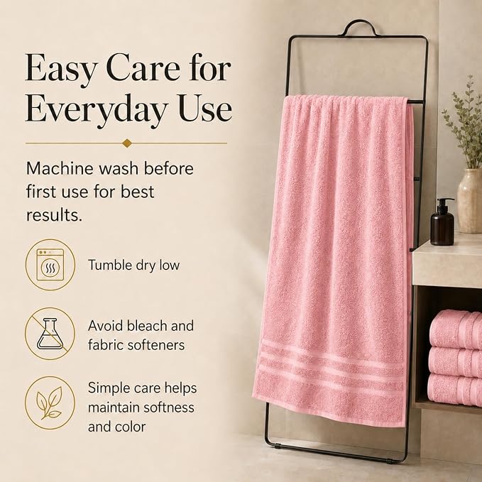 Velqora Bath Towels, 4 Pack, 30x60 in, 100% Cotton, Soft & Absorbent, Pink | Balanced Weight | Everyday Comfort | Easy Care
