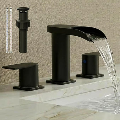 Matte Black 8 Inch Widespread Bathroom Faucet 3 Hole, Waterfall Sink Faucet with Drain, Modern Aesthetic for Bathroom Upgrade & Renovation, Splash-Free Design, Stain-Resistant Finish
