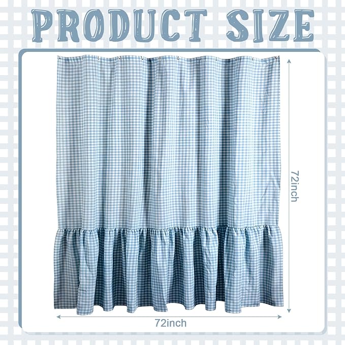HunnmingRe Ruffle Hem Gingham Shower Curtain Light Blue | 72'' x 72'' Vintage Farmhouse Curtain, Cotton Cottage Core Rural Checkered Plaid Decor, Fall Shower Curtain for Bathroom