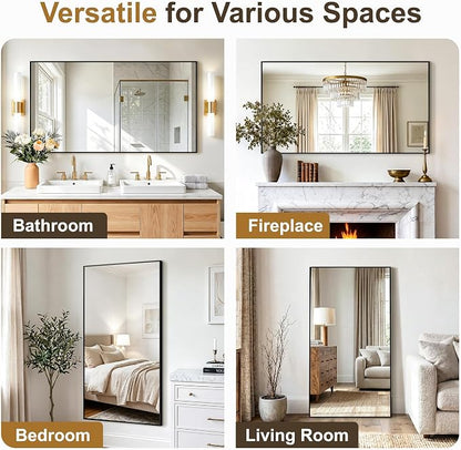 Rectangular Bathroom Mirror, 55"x30" Black Metal Framed Vanity Mirror | HD Shatterproof Wall Mirror, Horizontal or Vertical Hanging, Easy Installation for Bathroom, Bedroom, Living Room, Entryway