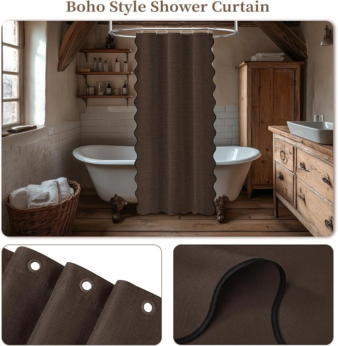 BTTN Stall Boho Scalloped Linen Textured Cloth Shower Curtain, 36x72, Brown | Half Size, 230GSM Waterproof Polyester, Heavy Duty Fabric, 6 Plastic Hooks, Elegant Modern Farmhouse Style, Machine Washable