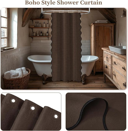 BTTN Stall Boho Scalloped Linen Textured Cloth Shower Curtain, 36x72, Brown | Half Size, 230GSM Waterproof Polyester, Heavy Duty Fabric, 6 Plastic Hooks, Elegant Modern Farmhouse Style, Machine Washable
