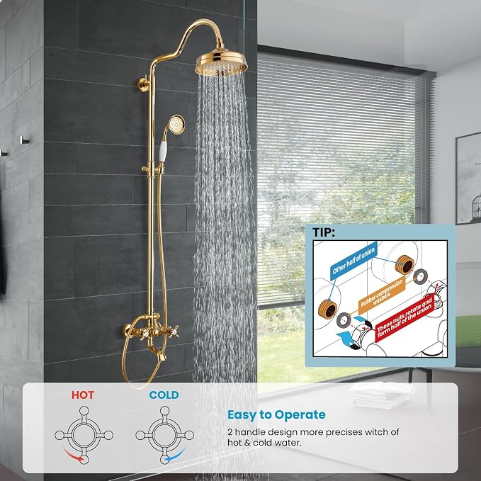 gotonovo Exposed Bathroom Shower System Two Cross Handle Polished Gold | Vintage Brass Tub Shower Faucet Set,8’’ Rain Head with Handheld Spray,Swivel Tub Spout,6’’ Hole Distance,Adjustable Height