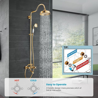 gotonovo Exposed Bathroom Shower System Two Cross Handle Polished Gold | Vintage Brass Tub Shower Faucet Set,8’’ Rain Head with Handheld Spray,Swivel Tub Spout,6’’ Hole Distance,Adjustable Height