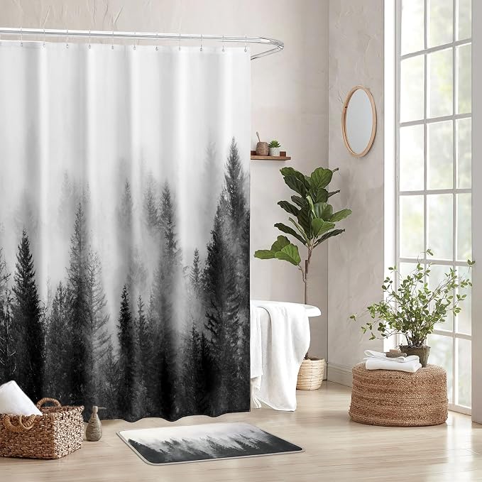 ORTIGIA Black and White Misty Forest Shower Curtain for Bathroom, Nature Woodland Curtain Set with Hooks, Decorative Pine Tree Fog Magic Bath Decor for Home Weighted, 72x72