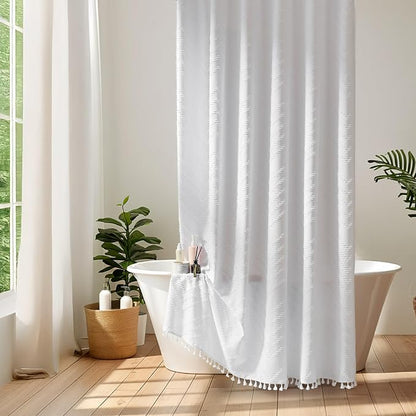Siiluminisoy Stall Boho Shower Curtain White Tassel Woven Fabric Shower Curtain 42 x 72 Modern Farmhouse Textured Tufted Chevron Striped Minimalist for Bathroom, Closet Door