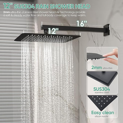Black Tub Shower System, All Metal Tub Shower Faucet Set with 12" Rain Shower Head and Handheld Spray combo, Wall Mounted Shower Systems with Tub Spout, Valve and Trim Kit, Matte Black