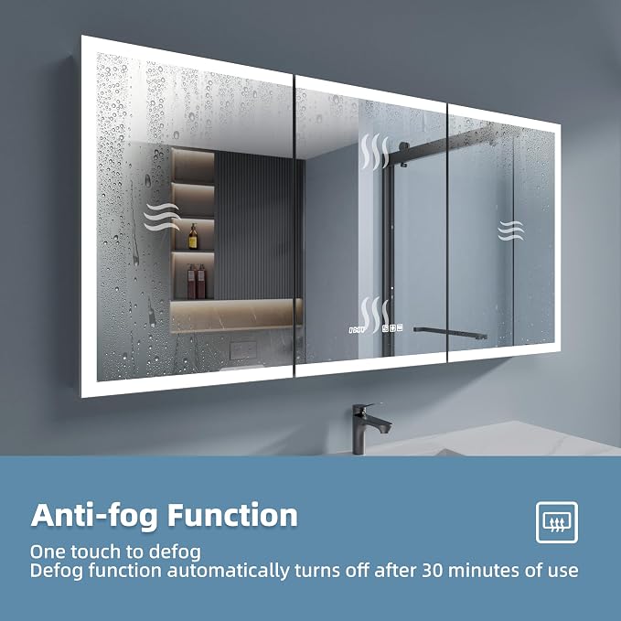 LED Medicine Cabinet 48x30 Anti-Fog Mirror Dimmable Recessed Mount | 3 Color Dimmable LED. Time Temp Display. Anti-Fog IP44. 2 Outlets+2 USB. Plug-in/Hardwired. Recessed/Wall Mount