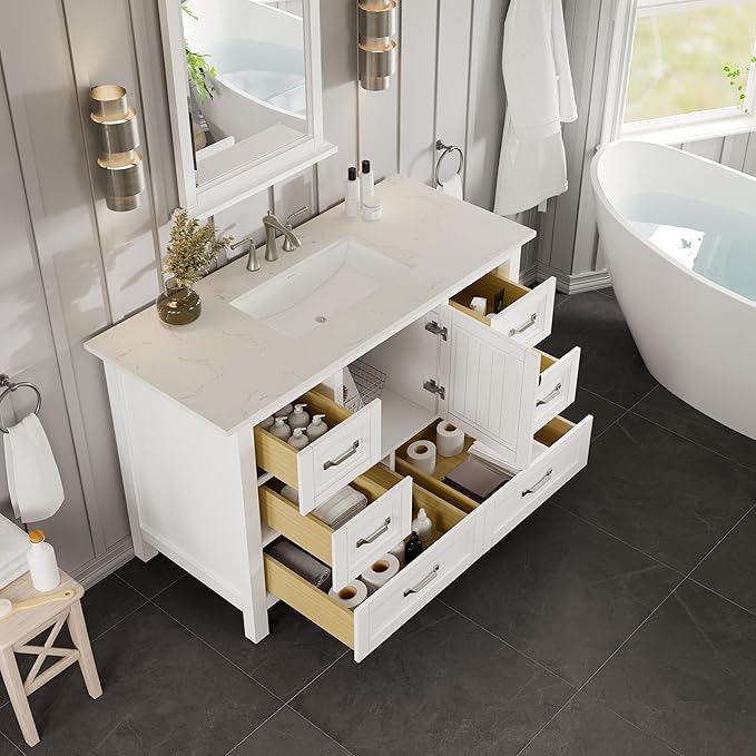 Eviva Britney 42 Inch Vanity with Top - White 42 Bathroom Vanity with Sink and Countertop White Carrara Quartz & Porcelain Sink Combo for Bathroom Sink Cabinet