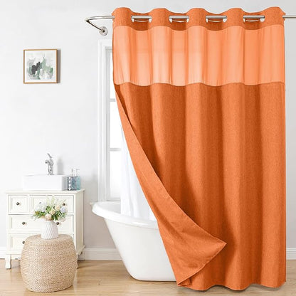 eachope No Hook Fabric Shower Curtain with Snap-in Liner,71x74 Burnt Orange | Linen Texture,230GSM Thick Fabric,Hotel Luxury Decor,Mesh Window,Bottom magnetic ,Waterproof & Machine Washable,for Bathroom