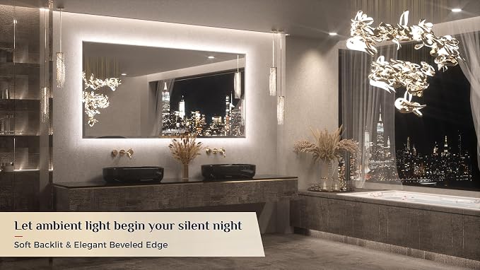 Keonjinn 72"x36" LED Backlit Mirror Bathroom, Tempered Glass Beveled Edge | Dimmable Lights(Warm/Natural/White), Fast & Safe Defogging, Hardwired/Plug in, Secure Installation, Lighted Bathroom Mirror