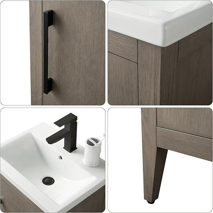 HomeBeyond 20 Inch Bathroom Vanity with Sink & Ceramic Top, Single Vanity Cabinet with Basin, Soft-Closing Doors & Matte Black Hardware, Driftwood Gray
