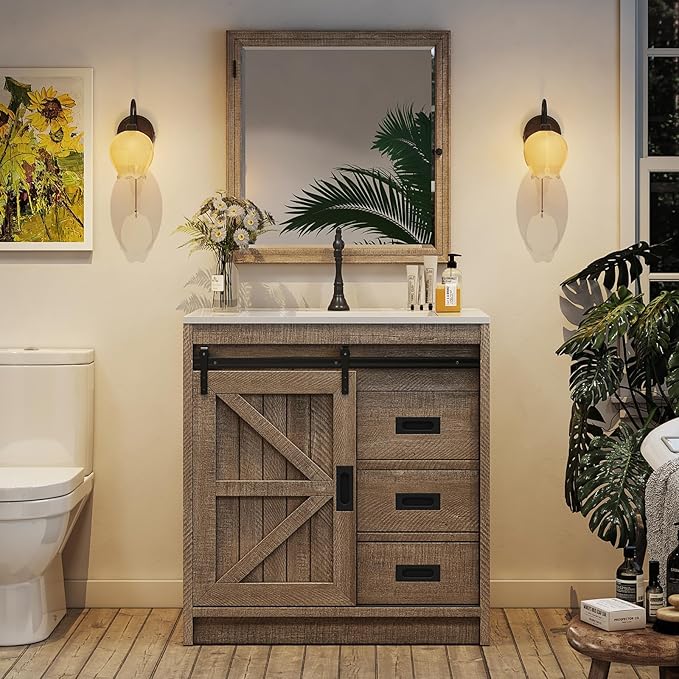 31" Farmhouse Sliding Barn Door Bathroom Vanity with Sink Combo, Bathroom Vanity Cabinet with Drawers & Metal Handles, Freestanding, Gray