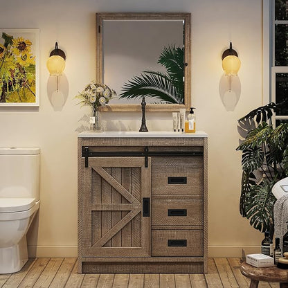 31" Farmhouse Sliding Barn Door Bathroom Vanity with Sink Combo, Bathroom Vanity Cabinet with Drawers & Metal Handles, Freestanding, Gray