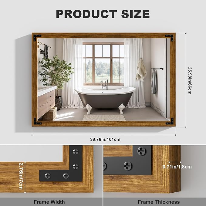 Hasipu Farmhouse Bathroom Mirror, 40"x26" Rustic Wood Framed Wall Mounted Mirror, Walnut Vintage Vanity Mirror Modern Farmhouse Style Decrative Mirrors