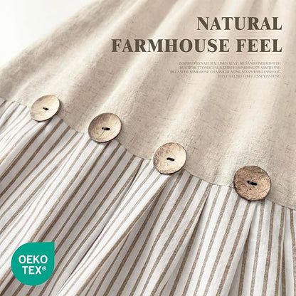Farmhouse Shower Curtain Linen Button Beige Stripe 72" W x 72" L | Farmhouse Style, Chic Button, Striped, Linen Fabric, Rustic, Country, Natural Look, Washable, for Bathroom Bathtub