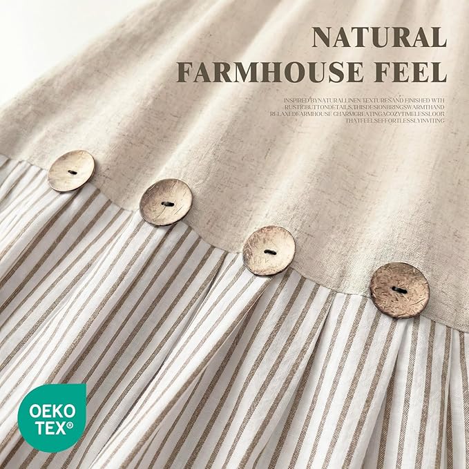 Farmhouse Shower Curtain Linen Button Beige Stripe 72" W x 84" L | Farmhouse Style, Chic Button, Striped, Linen Fabric, Rustic, Country, Natural Look, Washable, for Bathroom Bathtub