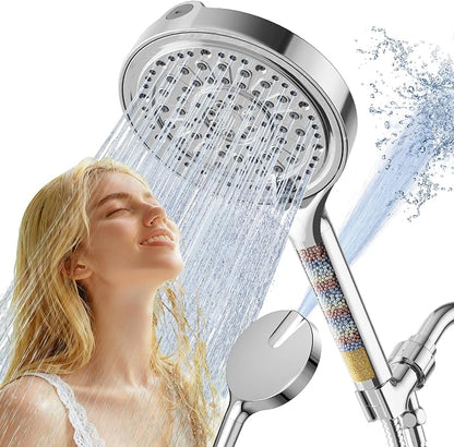 6 Inch Filtered Shower Head, 6 Spray Modes High Pressure Handheld Shower Head with Filter for Hard Water, Detachable Water Softener Showerhead with Hose, Chrome