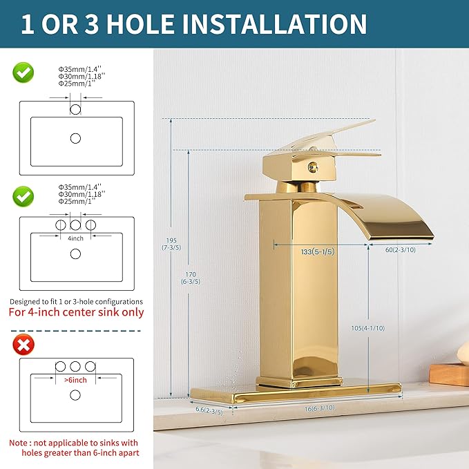 sagetta Waterfall Bathroom Sink Faucet Single Hole Faucet with Three Hole Cover Deck Plate, Pop up Drain and Water Hoses Stainless Steel Vanity Gold Color