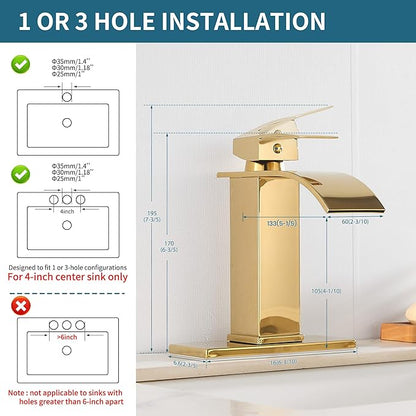 sagetta Waterfall Bathroom Sink Faucet Single Hole Faucet with Three Hole Cover Deck Plate, Pop up Drain and Water Hoses Stainless Steel Vanity Gold Color