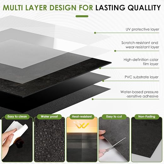 RORA 24x24 Inch Peel and Stick Floor Tile 20-Pack Waterproof Vinyl | Covers 80 Sq.Ft, Self-Adhesive Removable, Easy DIY install, Black Vinyl Floor Tiles for Bathroom, Kitchen, Laundry & Office
