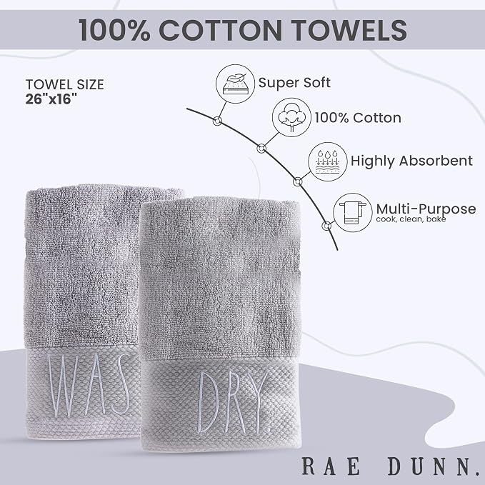 Rae Dunn Hand Towels, Embroidered Decorative Hand Towel for Kitchen and Bathroom, 100% Cotton, Wash/Dry, 16"x 28"