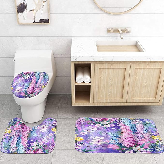 4-Piece Purple Floral Shower Curtain Cute Colorful Flower Bathroom Set with Shower Curtain and Rugs, Pretty Funky Watercolor Cloth Bath Set with Hooks for Farmhouse Home Decor