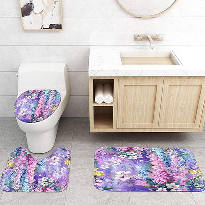 4-Piece Purple Floral Shower Curtain Cute Colorful Flower Bathroom Set with Shower Curtain and Rugs, Pretty Funky Watercolor Cloth Bath Set with Hooks for Farmhouse Home Decor
