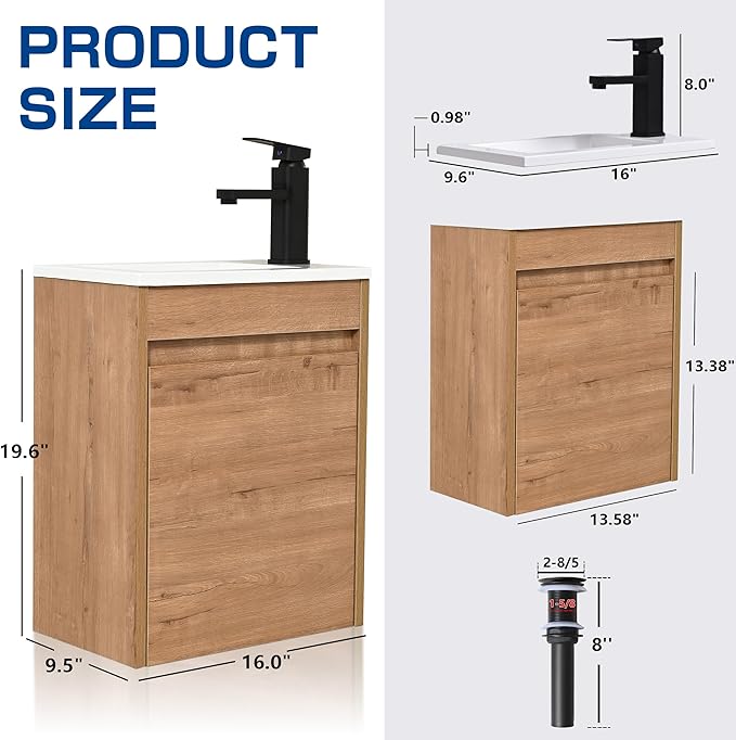 16" Bathroom Vanity Sink Combo for Small Space, Wall Mounted Bathroom Cabinet Set with White Resin Basin Sink Top Black Faucet Pop Up Drain Nature