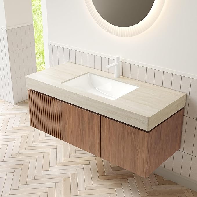 48 Inch Floating Bathroom Vanity with Sink, Wall-Mounted Bathroom Vanity with Drawer and 2 Doors, Roma Travertine-Pattern Countertop and Ceramic Basin, Pre-Assembled,Brown Oak
