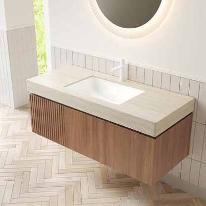 48 Inch Floating Bathroom Vanity with Sink, Wall-Mounted Bathroom Vanity with Drawer and 2 Doors, Roma Travertine-Pattern Countertop and Ceramic Basin, Pre-Assembled,Brown Oak