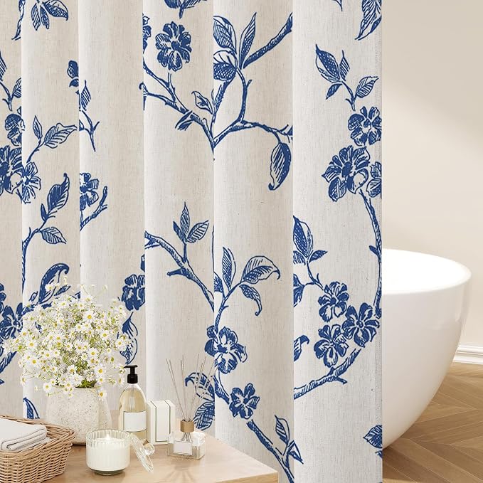 MitoVilla Navy Blue Linen Floral Shower Curtain for Bathroom, 72 x 72 | Navy Blue BoHo Cottagecore Spring Shower Curtains, Modern Farmhouse Country Plant Leaves Bathroom Décor, 72 x 72