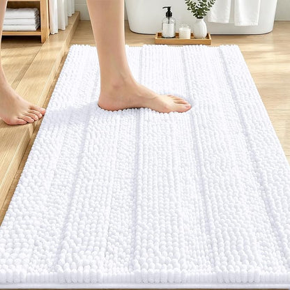 OLANLY Thick Bathroom Rugs 30x20, Soft Chenille Striped Bath Rugs, White | Rubber Backing, Machine Wash, Extra Absorbent Bath Mats for Bathroom Floor, Tub and Shower, Home Decor Accessories