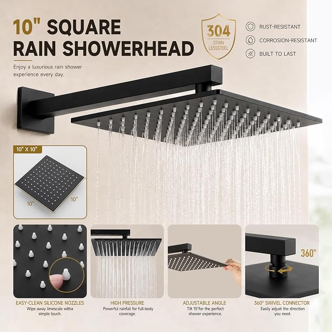 Shower System with Tub Spout, All Metal Black Bathtub Shower Faucet Set with High Pressure 10 Inch Rain Shower Head and Handheld Shower Head Set, Matte Black (Valve Include）