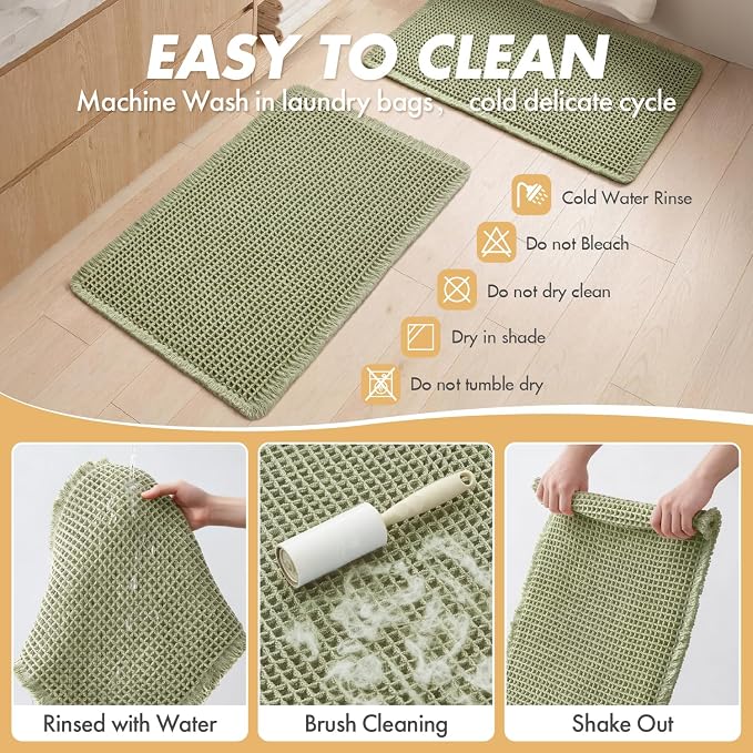 MIULEE Set of 2 Waffle Bathroom Rugs Sage Green Bath Mat 17"x24"+18"x30" | Non Slip, Super Absorbent, Washable, Ultra Soft, Rubber Backed, Small Boho Bath Rugs for Bathroom Floor Tub Shower