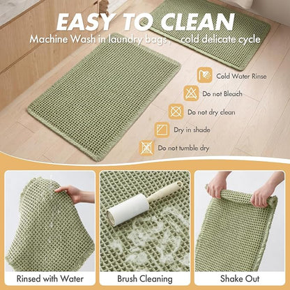 MIULEE Set of 2 Waffle Bathroom Rugs Boho Bath Mat Sage Green 18x30 Inch | Non Slip, Super Absorbent, Washable, Ultra Soft, Rubber Backed Bath Rugs for Bathroom Floor Tub Shower
