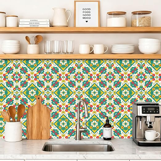 Teal Yellow Floral Peel and Stick Floor Tiles 12x12 Inch 10PCS | Teal yellow orange floral geometric pattern vinyl floor stickers for kitchen bathroom entryway and indoor home decor