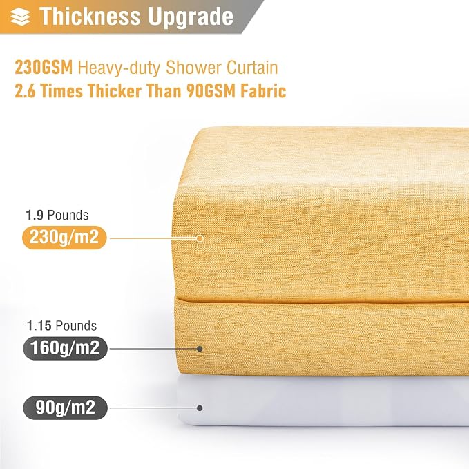 Long Linen Textured Waterproof Thick hower Curtain Set, 72x84, Gold | Tall Size, 230GSM Polyester, Heavy Duty Cloth, Weighted Hem, 12 Plastic Hooks, Modern Luxury Hotel Style, Machine Washable