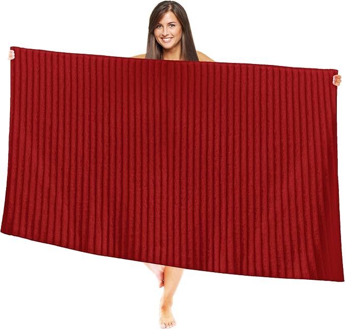 Elegant Comfort 100% Turkish Cotton Corduroy Ribbed Luxury Jumbo Bath Towel Ultra Soft - 35 x 70 Inch - Luxury Spa Premium Hotel Quality Highly Absorbent and Quick Dry Large Bath Towel, Red
