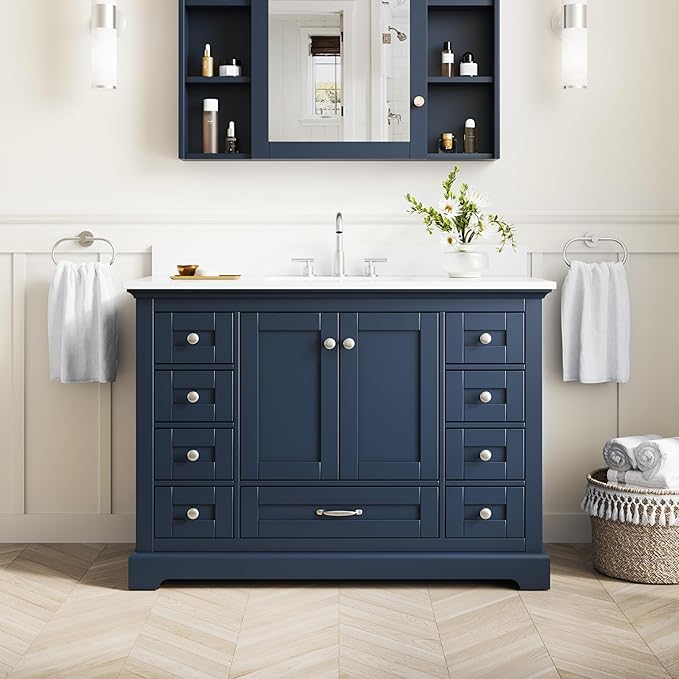 WELLFOR 48" Bathroom Vanity with Sink, Bathroom Freestanding Vanity W/ 2 Soft-Close Doors and 9 Soft-Close Drawers, Bathroom Cabinet Vanity with Cultured Marble Countertop (Navy Blue)