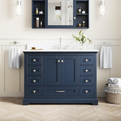 WELLFOR 48" Bathroom Vanity with Sink, Bathroom Freestanding Vanity W/ 2 Soft-Close Doors and 9 Soft-Close Drawers, Bathroom Cabinet Vanity with Cultured Marble Countertop (Navy Blue)