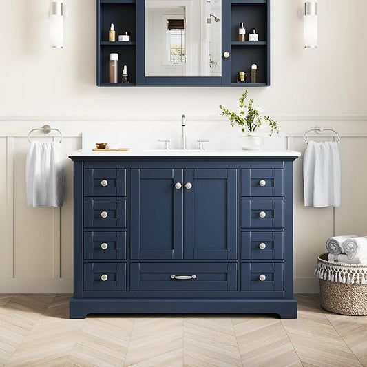 WELLFOR 48" Bathroom Vanity with Sink, Bathroom Freestanding Vanity W/ 2 Soft-Close Doors and 9 Soft-Close Drawers, Bathroom Cabinet Vanity with Cultured Marble Countertop (Navy Blue)