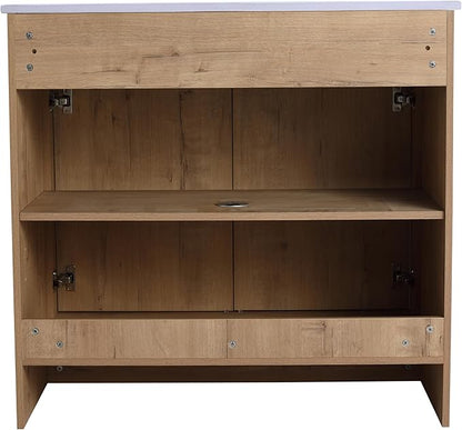 SSLine 36-Inch Bathroom Vanity with Sink Mid-Century Bathroom Vanities with Top Basin Floor Wood Bathroom Sink Cabinet with Soft-Close Doors & Adjustable Storage Shelves (Natural Brown)