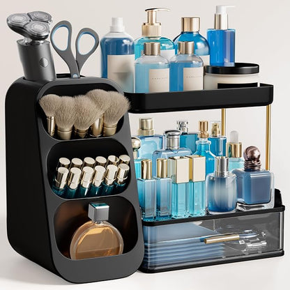 HBlife Bathroom Organizers and Storage with Brush Holder for Vanity, 3 Tier Plastic Makeup Organizer for Dresser Counter, Skincare, Lipstick, Perfume, and Cosmetic Storage, Black