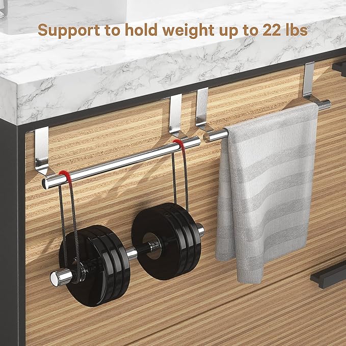 Over Cabinet Towel Bar, Stainless Steel Towel Holder, Silver, 2 Pack | No-drill Over Cabinet Towel Rack, Rustproof Stainless steel, Scratch-resistant Foam Pads, Fits Doors Up to 0.8"