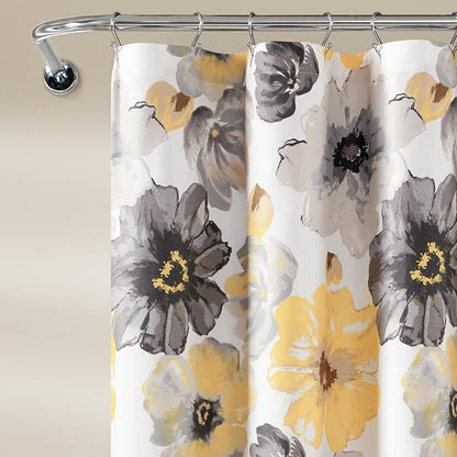 Lush Decor Leah Floral Shower Curtain, 72" W x 84" L, Yellow/Gray - Fabric Shower Curtains - Watercolor Botanical Bathroom Curtain - Farmhouse & French Country Decor